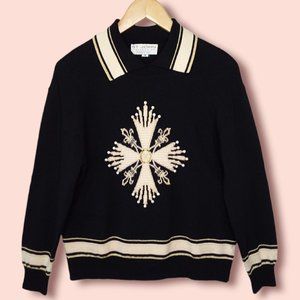 St. John Collection Santana Knit Sweater Size Medium Snowflake Navy Blue